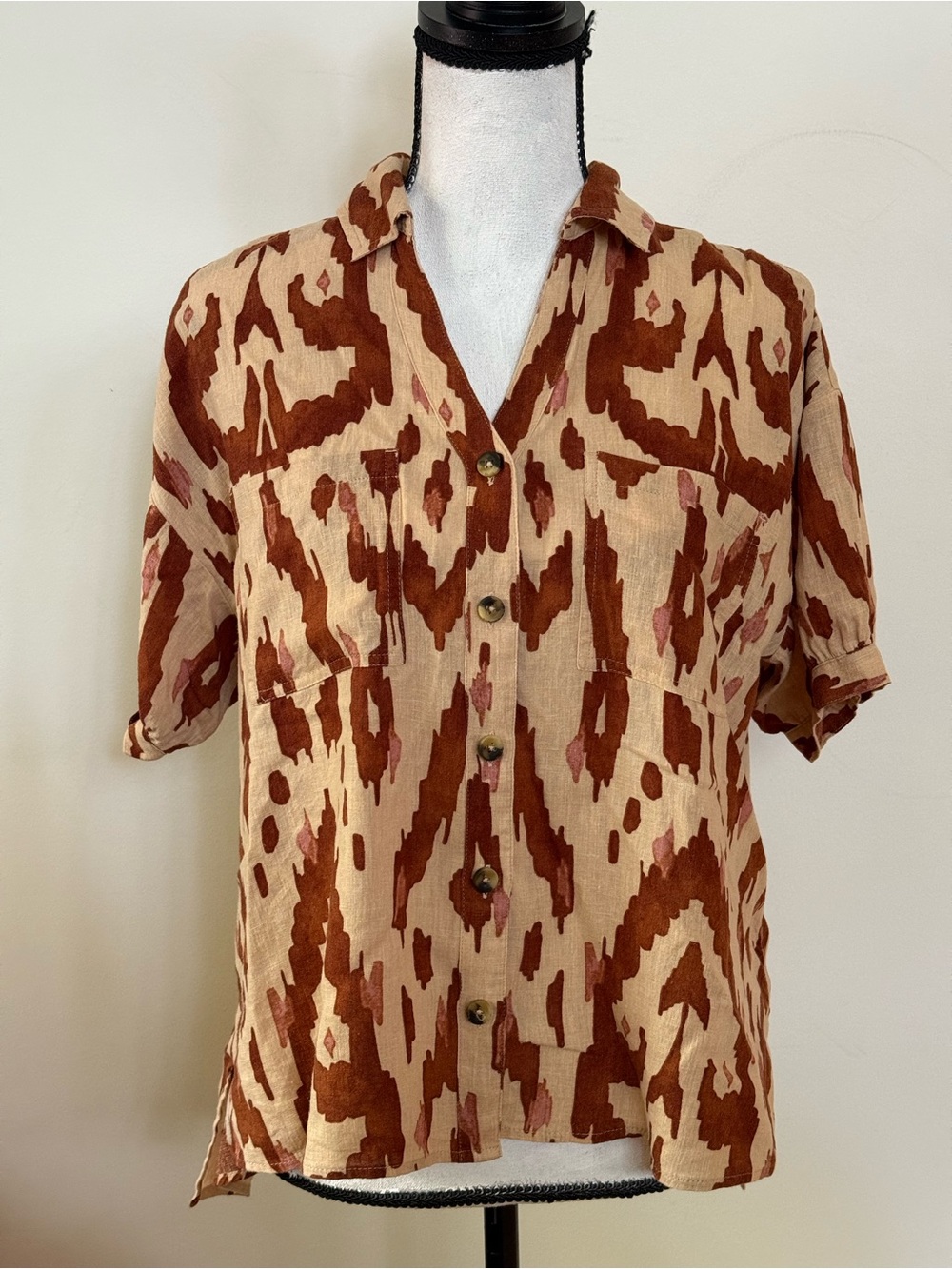 Nicole Miller Brown and Beige Button-Down Shirt